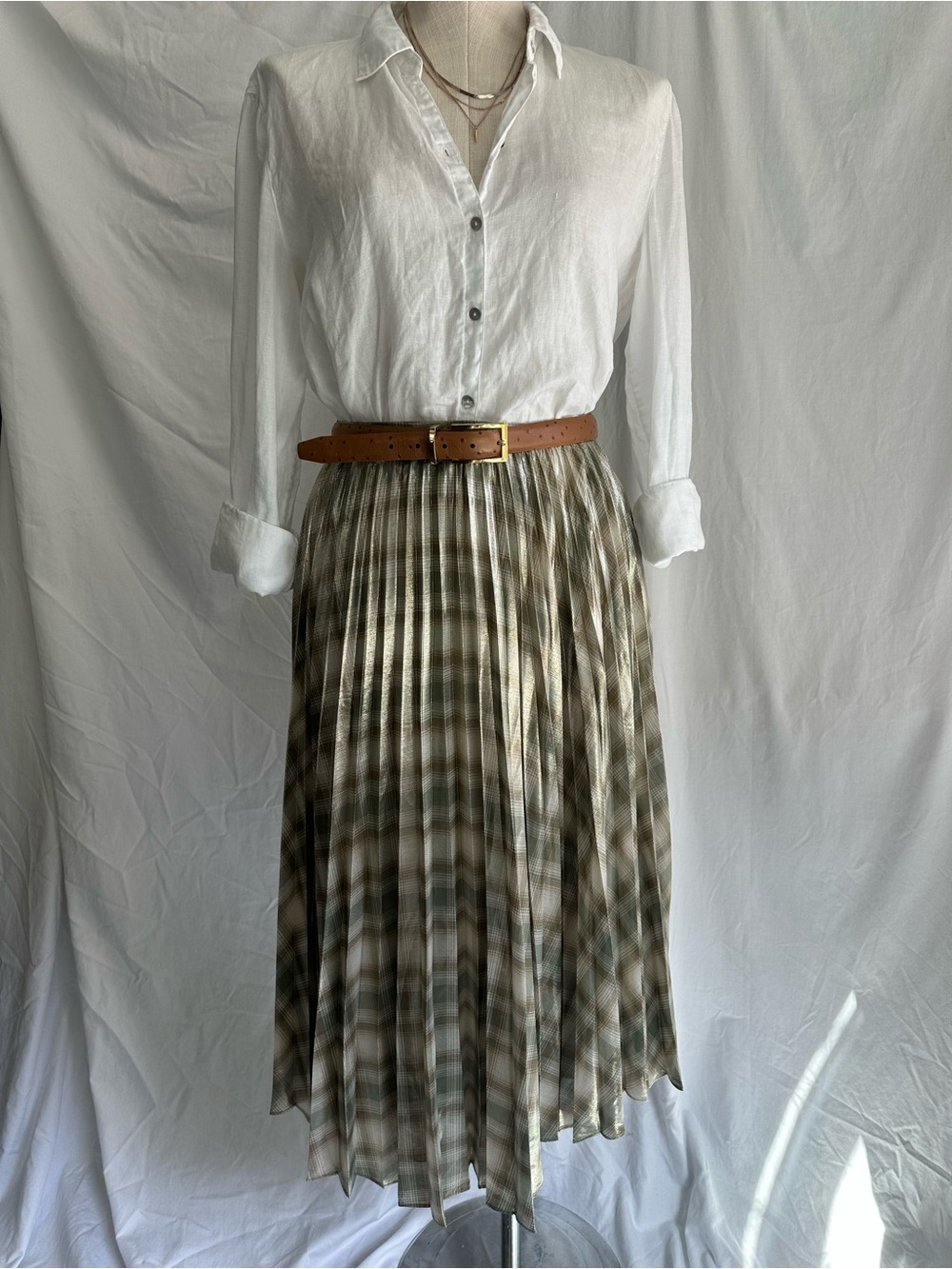 Ralph Lauren Pleated Shimmer Metallic Midi Skirt - Plaid Sage Gold - Size 16
